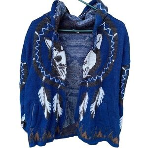 Vintage YARINA Native American Feathers Wolf Medium Blue Hoodie Sweatshirt